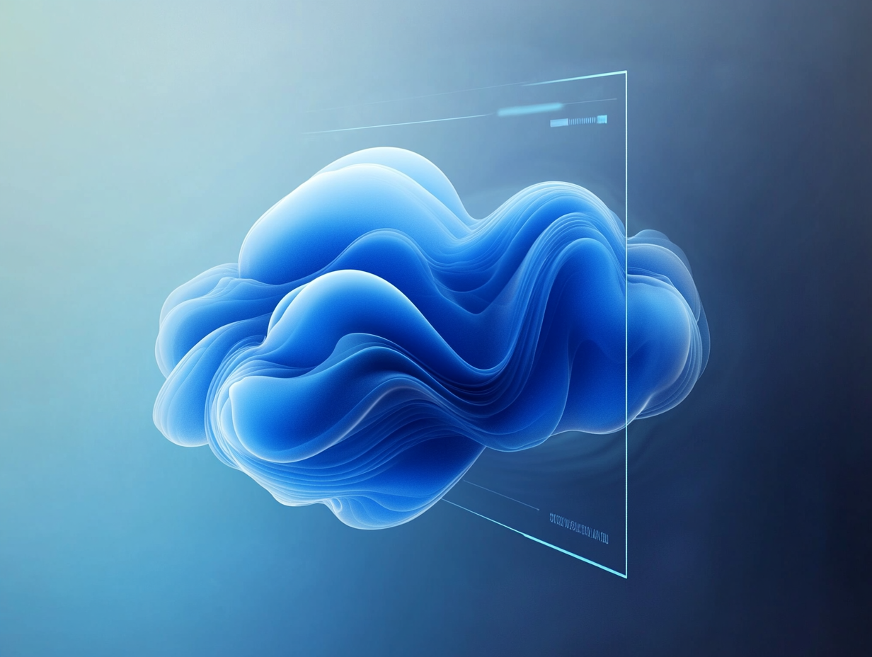 A blue cloud-like shape floats before a transparent screen on a gradient blue background.