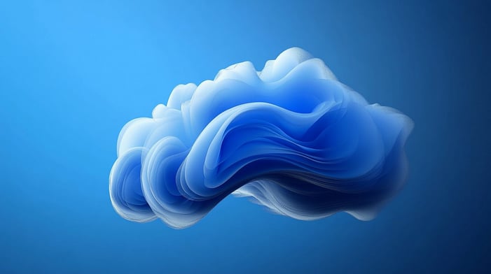 A flowing blue cloud-like shape floats against a gradient blue background.