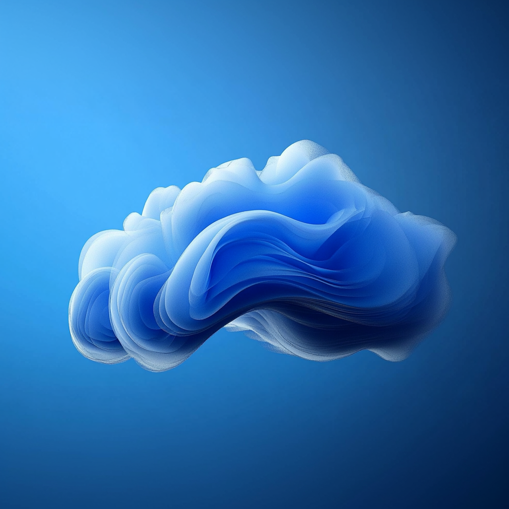 A flowing blue cloud-like shape floats against a gradient blue background.