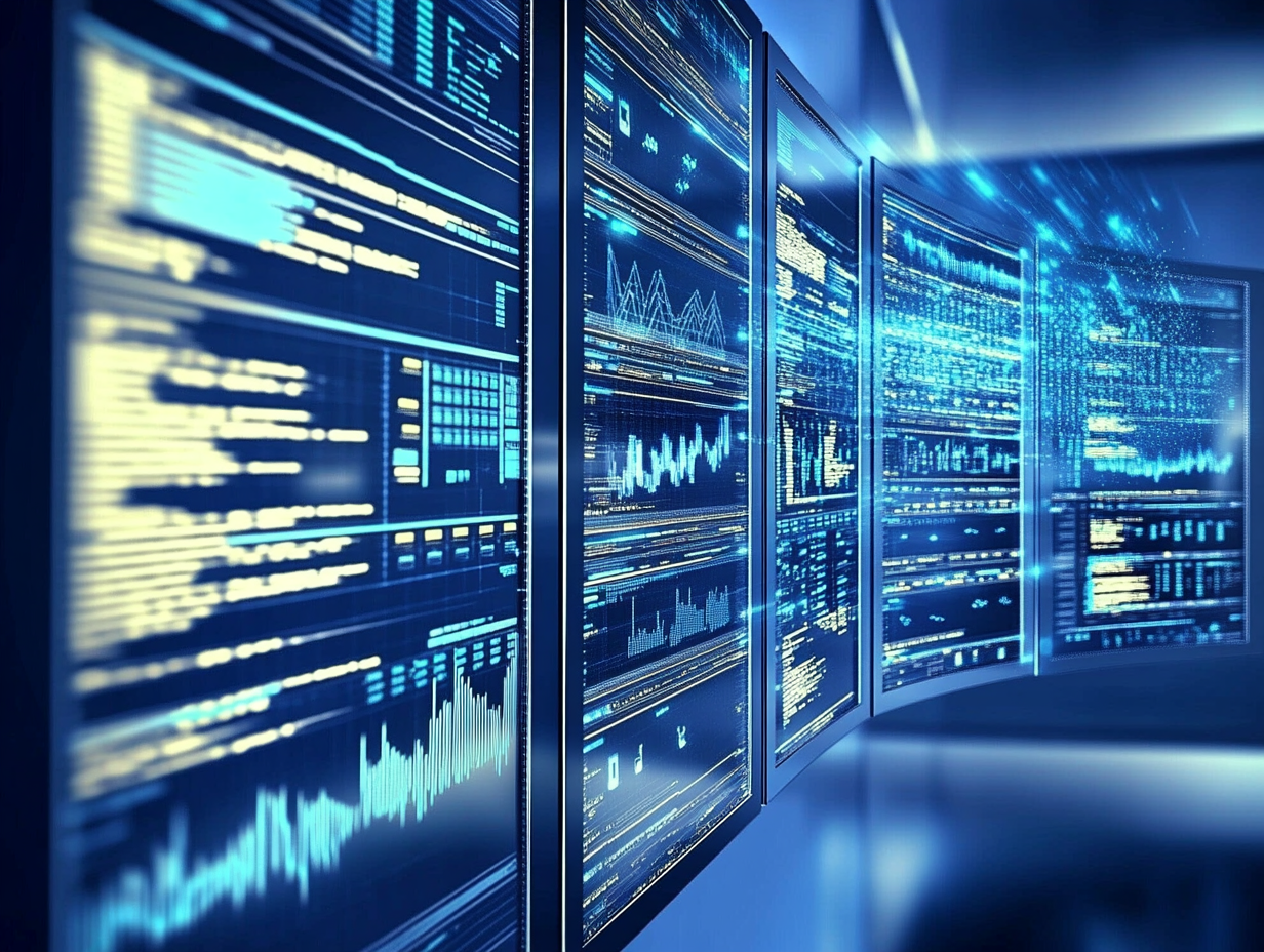 A series of digital screens display data visualizations and analytics, glowing with blue light in a high-tech environment.