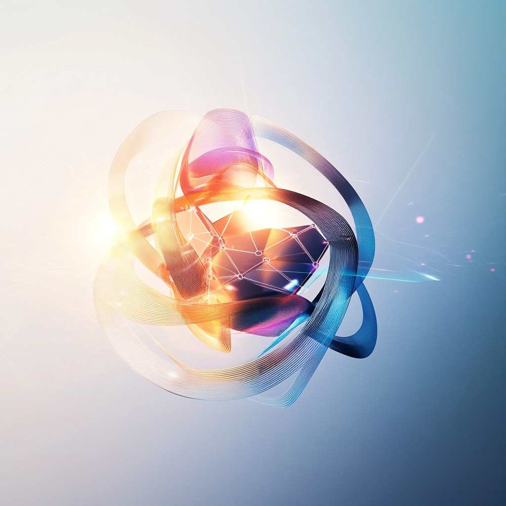 A glowing abstract shape with ribbons around a geometric core on a gradient background.