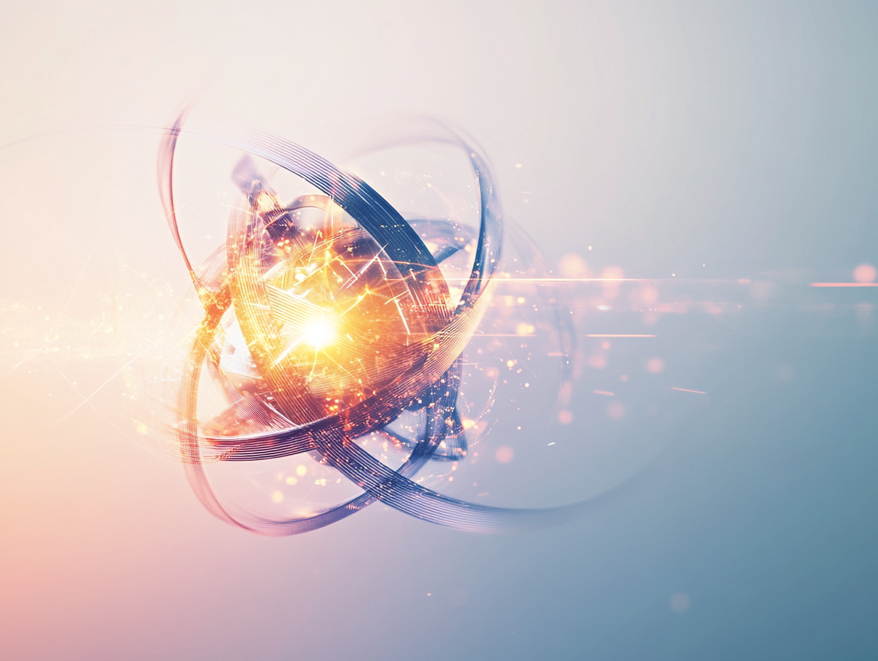 A glowing abstract shape with ribbons encircling a bright core, emitting light on a soft gradient background.