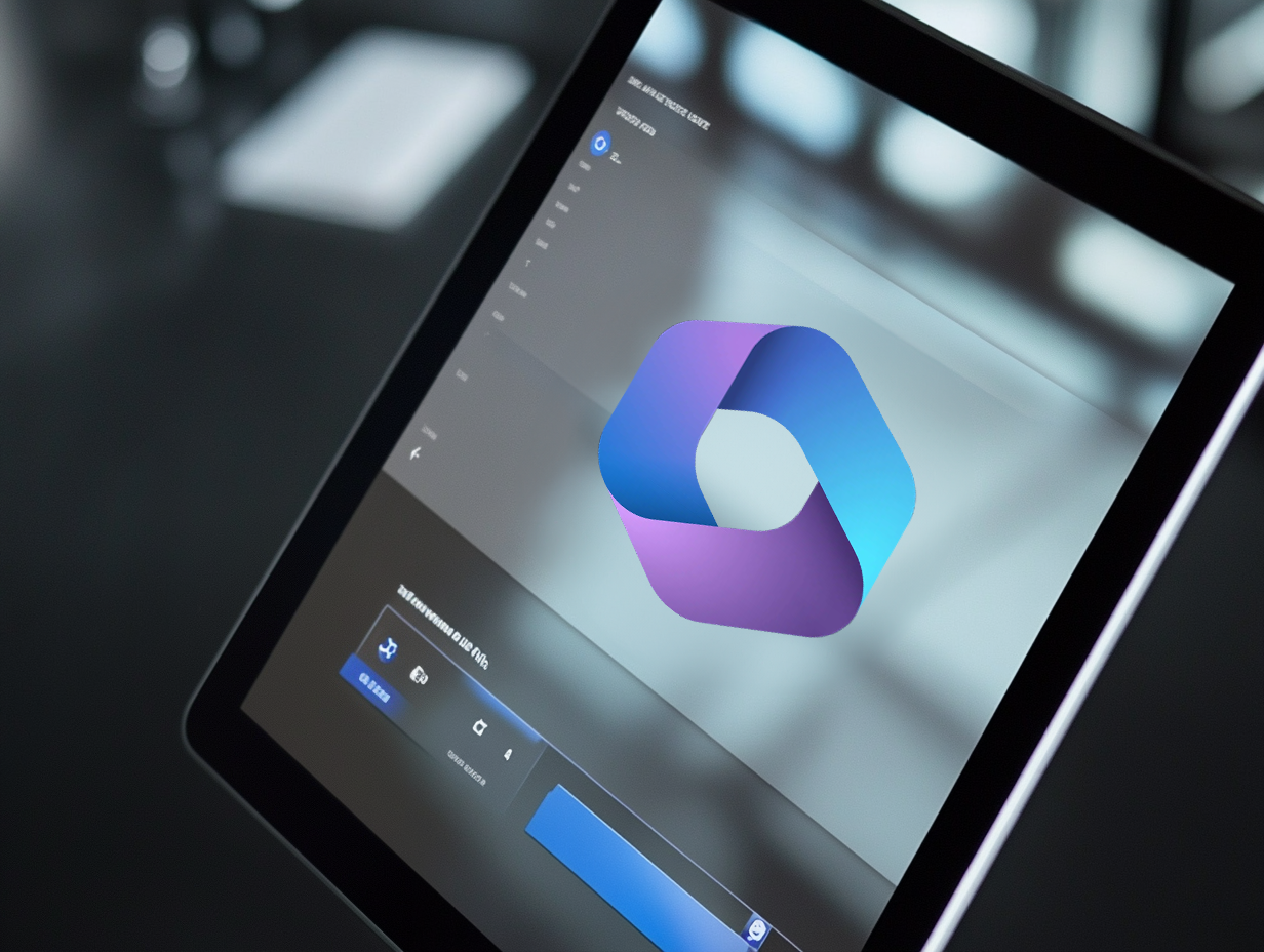 A tablet screen displays the Microsoft Intune interface, with the blue and purple hexagonal logo prominently shown, set against a blurred background.