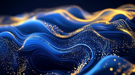 This image depicts flowing blue and gold lines, symbolizing data movement and growth in a digital environment. The glowing points suggest the flow of information and energy.