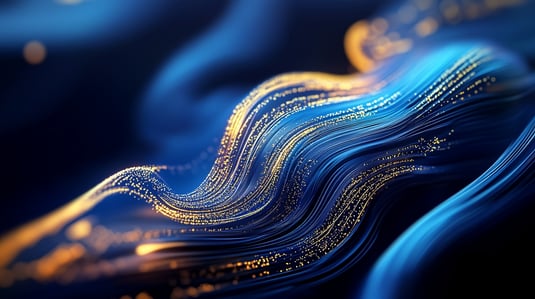 This image displays flowing lines in blue and gold, representing data streams, transformation, and movement. It suggests a process of data evolution and adaptation.