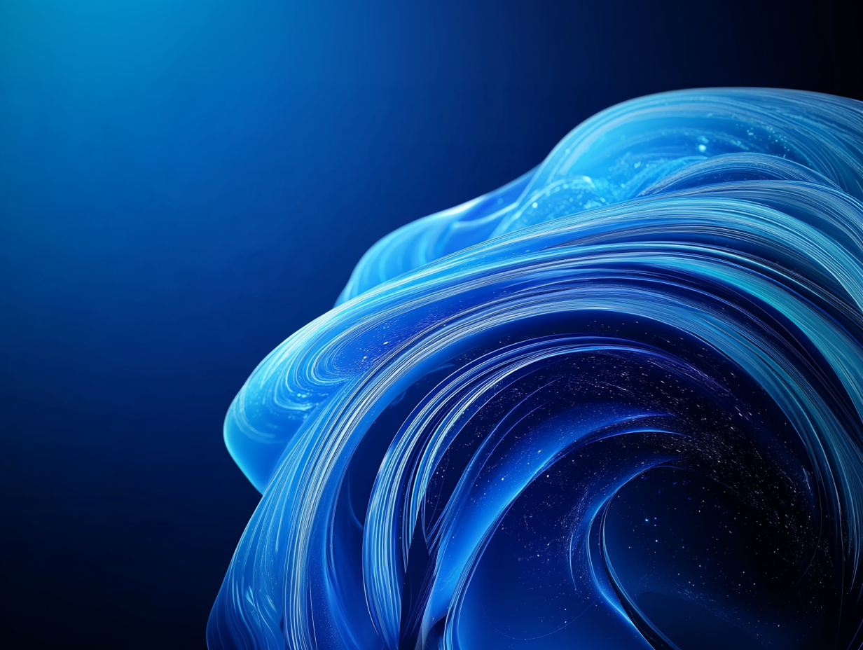 A swirling, abstract blue shape with flowing lines and starry details set against a dark gradient background.