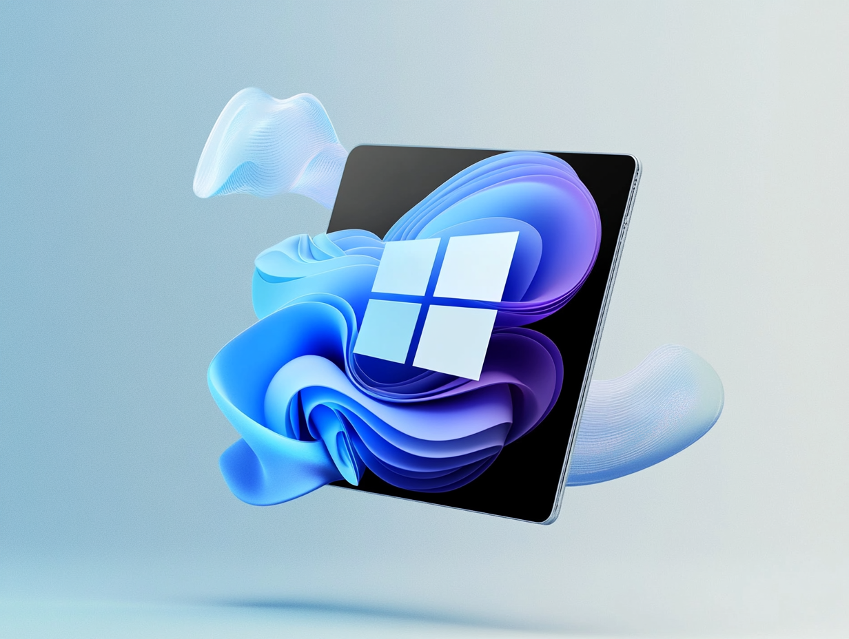 A tablet displaying the Windows logo floats with abstract blue and purple shapes against a light background.