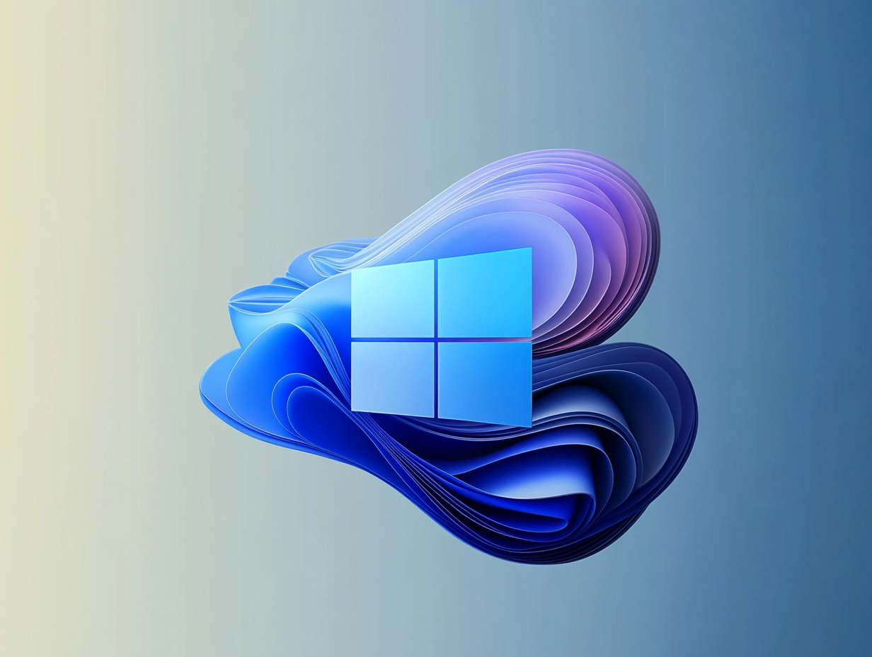 The Windows logo floats above an abstract blue and purple shape set against a gradient background.