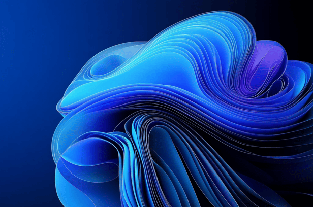 A flowing, abstract blue shape with layered contours set against a dark gradient background.