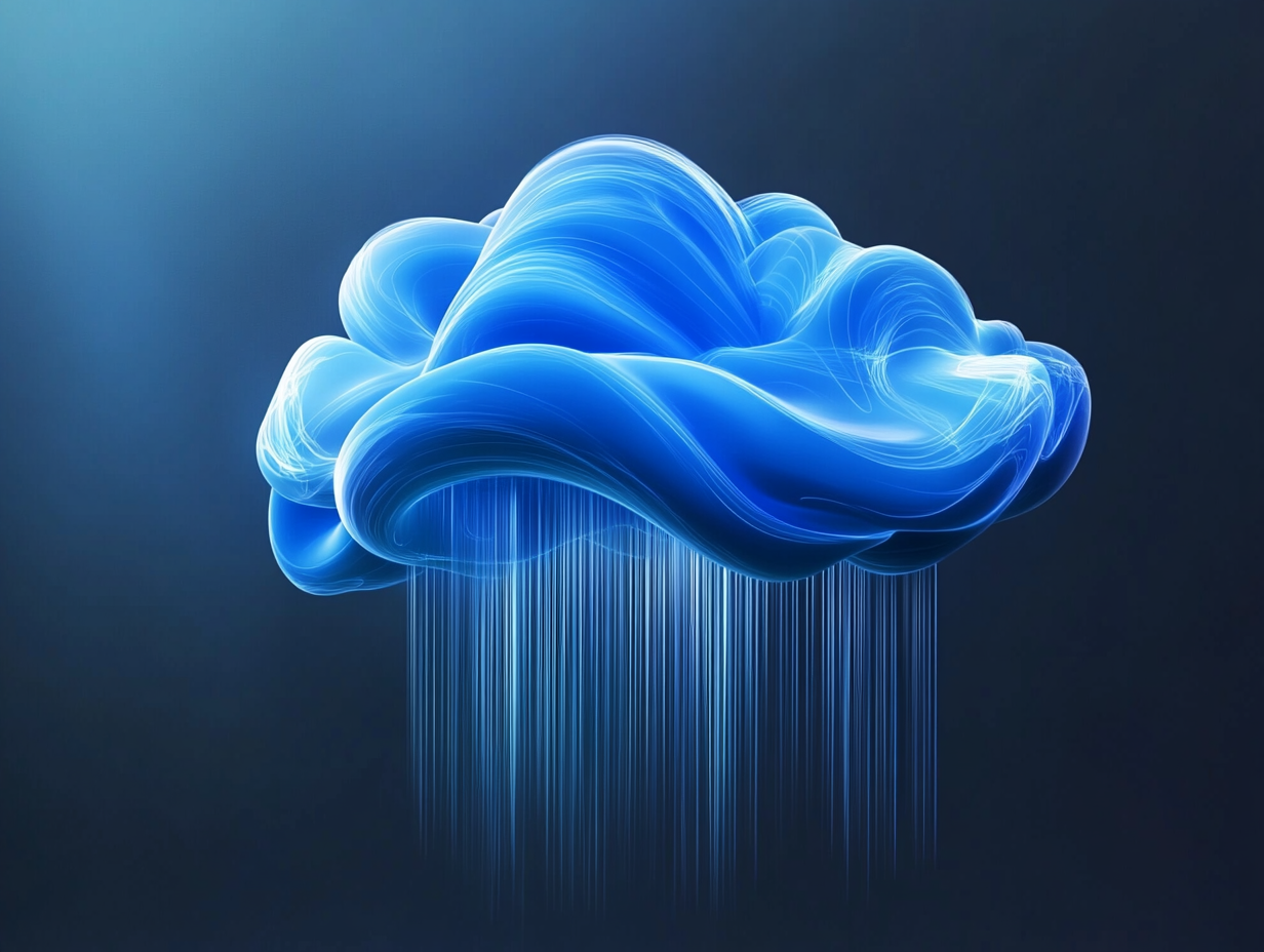 A blue cloud shape emits vertical lines like digital rain, set against a dark background.