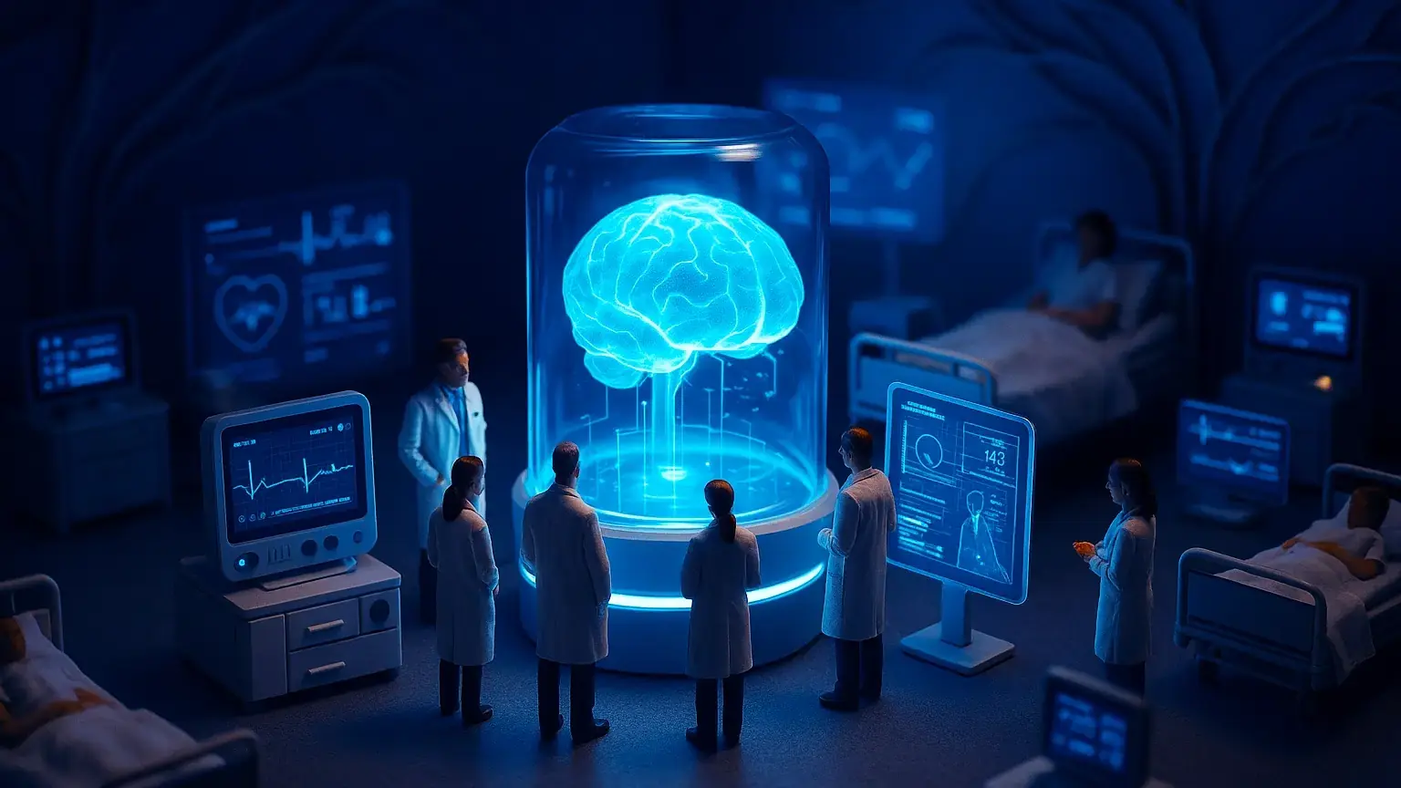 Miniature doctors study a glowing blue AI brain in a futuristic hospital scene.
