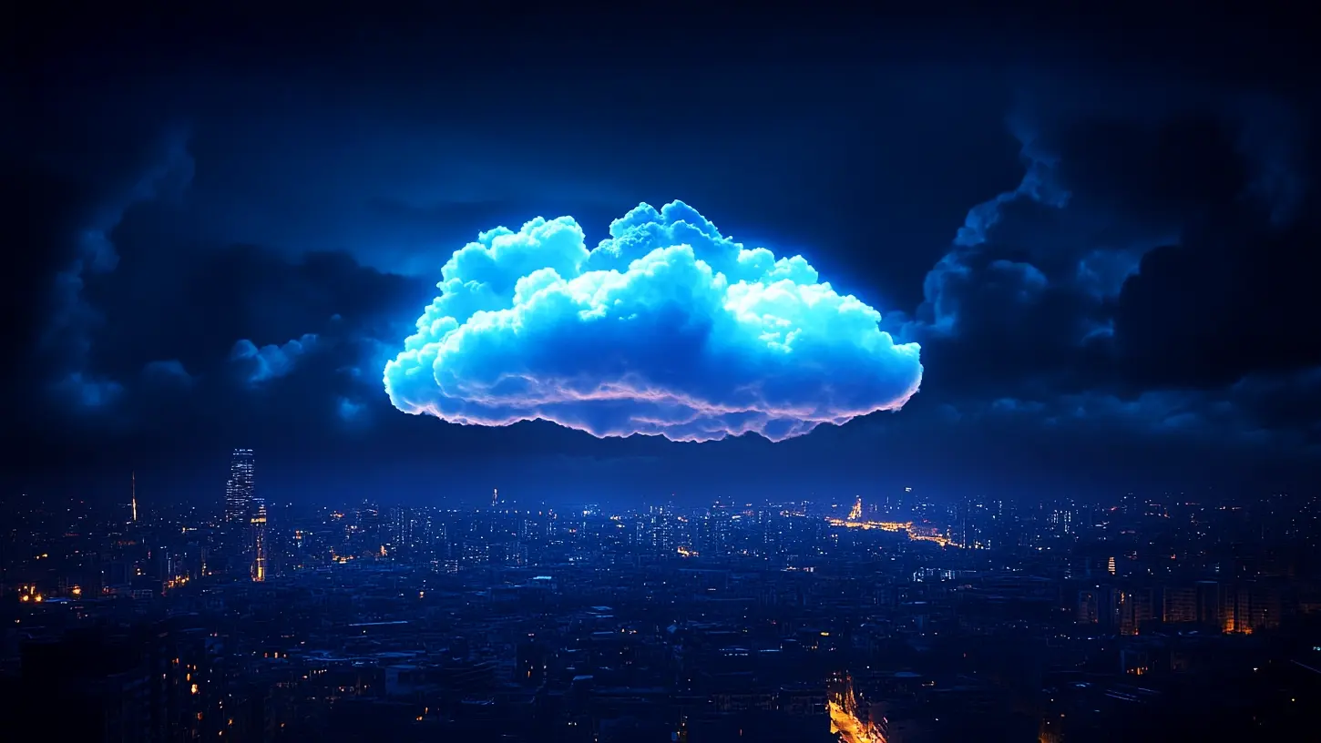 Glowing blue cloud floats over lit city skyline