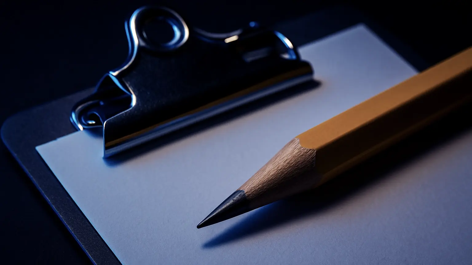 Close up of a pencil resting on a clip board