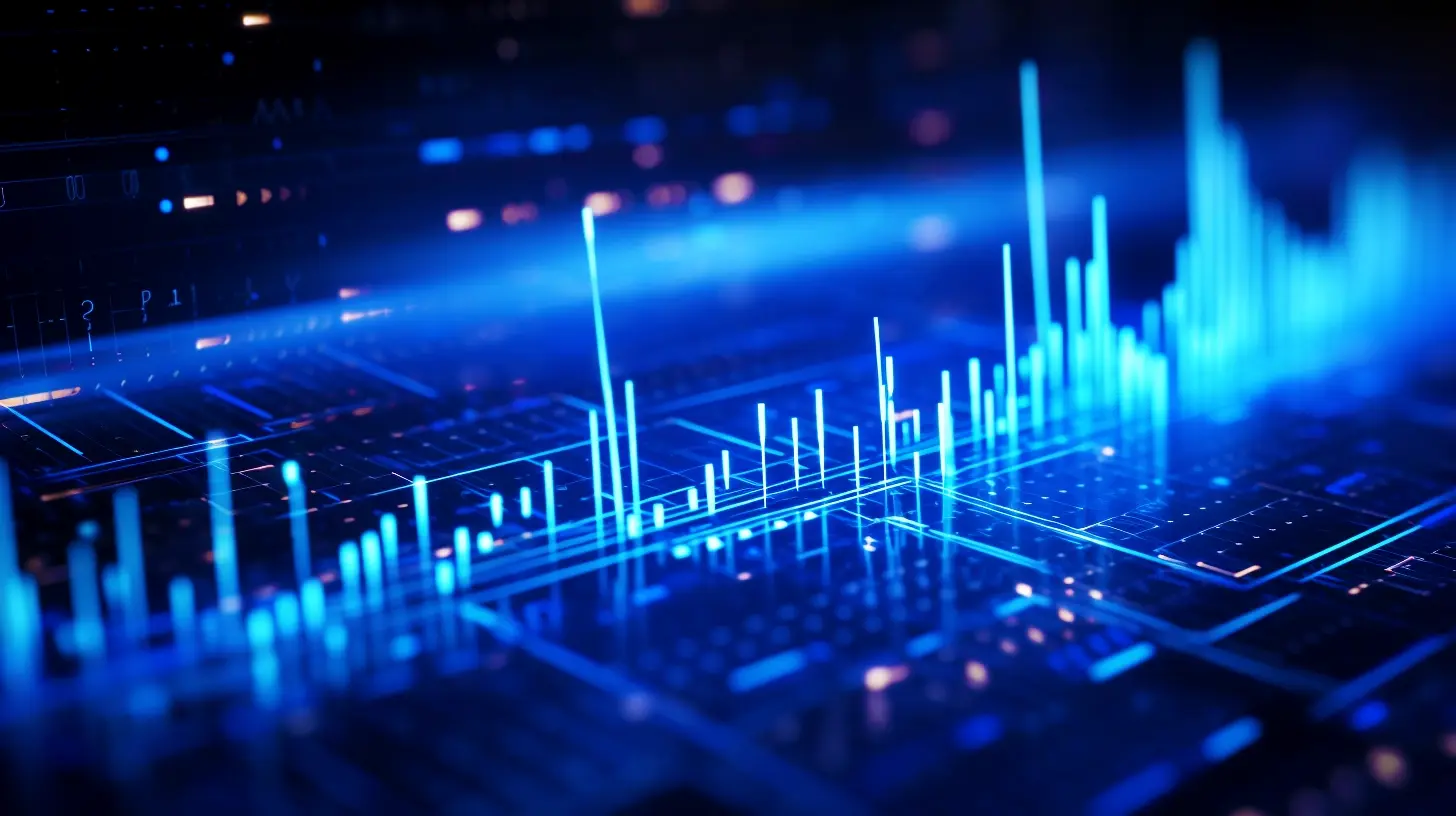 Futuristic blue data dashboard with glowing vertical bars