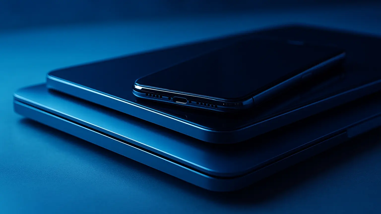 A laptop, tablet, and phone stacked on top of each other