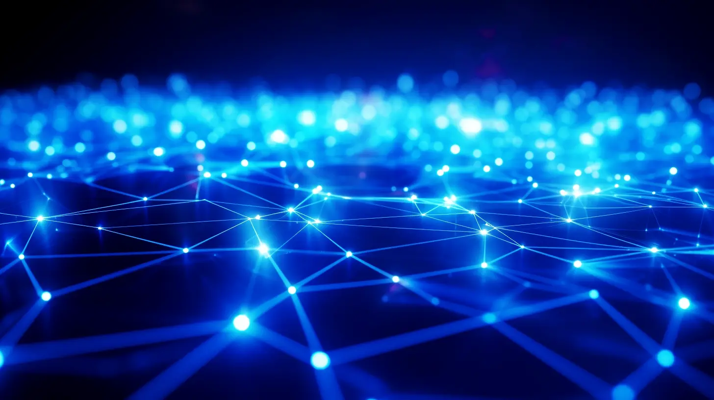 Blue digital network of glowing interconnected nodes