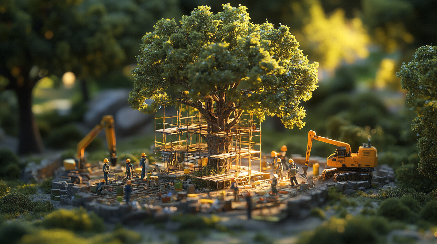 Miniature construction workers build scaffolding around a large tree, symbolising sustainable innovation in the construction industry.